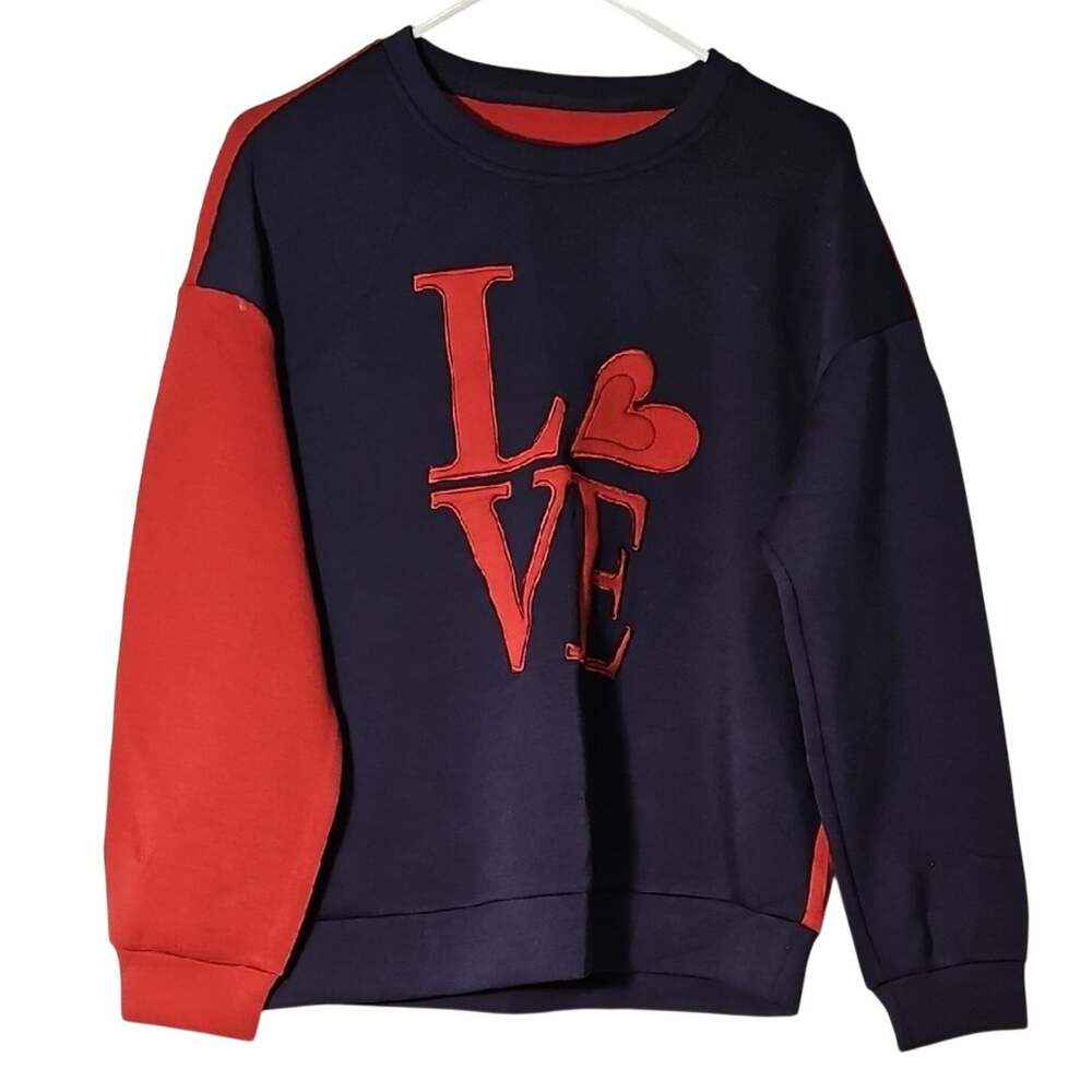 Love Graphic Crew Neck Sweater - Navy and Red
